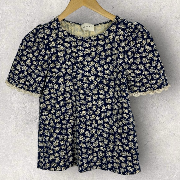 Sezane Clea Shirt Floral Crinkle Size Small French Top Blouse Romantic Lace Trim - Picture 8 of 16